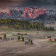 Burning mountains over the frozen valley